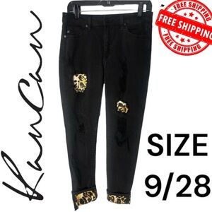 Womens KanCan Black Distressed Skinny Jeans W/ Leopard Patches sz 9/28 FREE SHIP